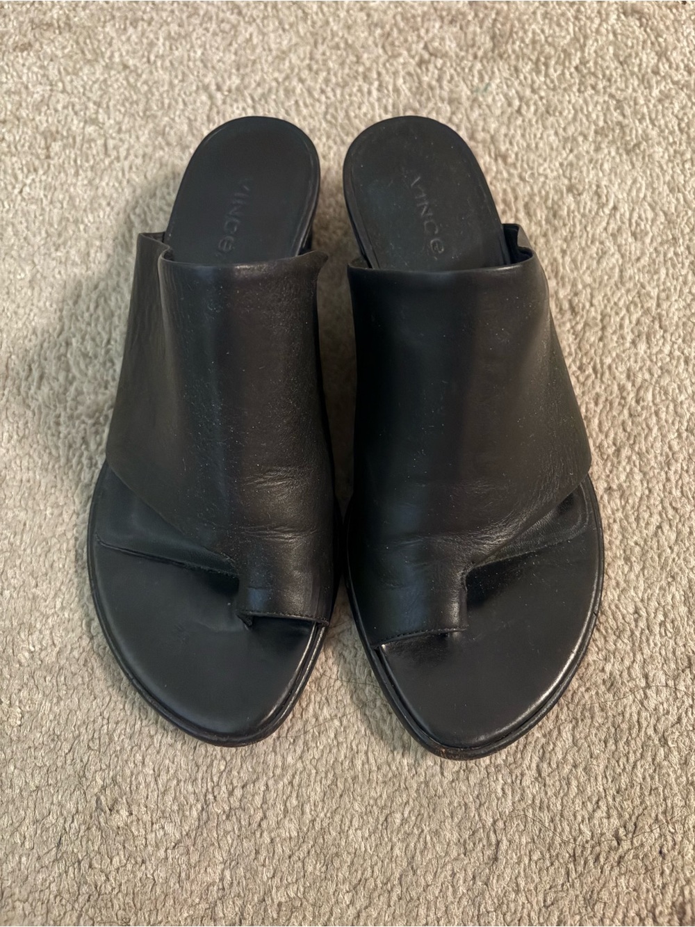 Vince Black Leather Toe-Loop Slide Mules